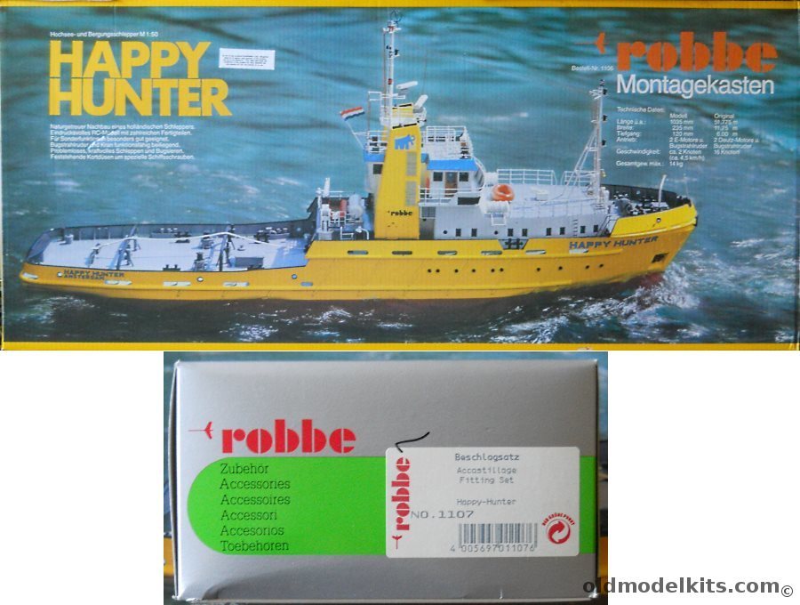 Robbe 1/50 Happy Hunter Oceangoing Salvage Tug Boat With 1107 Fittings Set - 41 Inches Long For Display Or R/C, 1106 plastic model kit